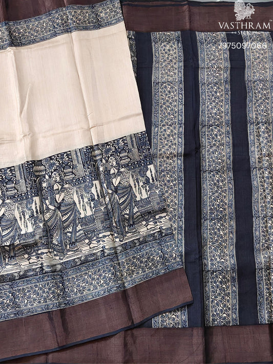 Cream Colour Tussar Silk Saree With Digital Print Body Code : KT020
