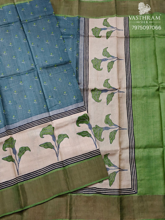 Greyish Blue Colour Tussar Silk Saree With Small Floral Print All Over Code : KT018
