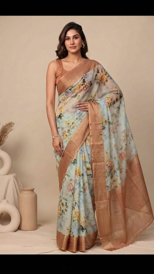 Light Pista Green Colour Semi Mysore Crepe Silk Saree With Floral Digital Print All Over Code : VB0448