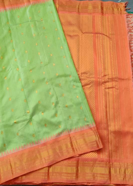 Pastel Green Colour Gadwal Silk Saree With Zari Butta All Over Code : GA004