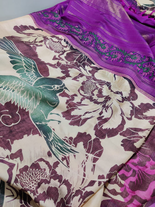 Cream Colour Kanchivaram Silk Saree With Digital Print Code : KA0164