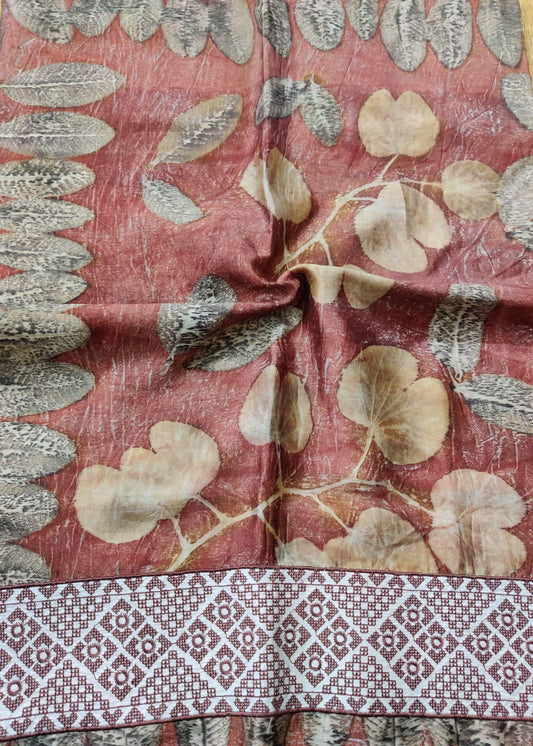 Brown Colour Silk Blouse Fabric With Eco Print