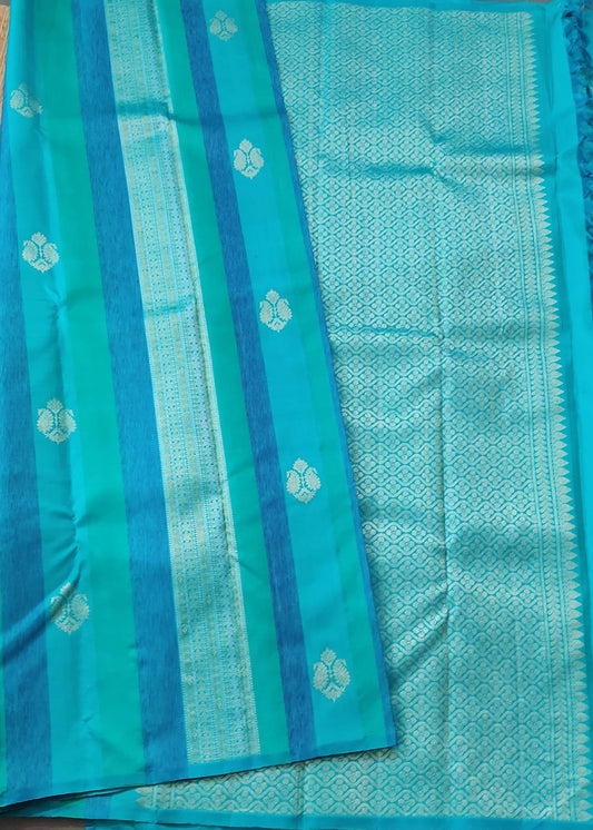 Turquoise Blue Colour Borderless Kanchivaram Silk Saree With Silver Zari Butta & Thread Woven Strips Body Code : KA0403