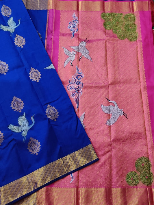 Blue Colour Kanchivaram Silk Saree With Zari & Hand Painting