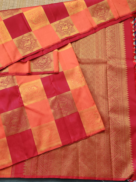 Orange Colour Borderless Kanchivaram Silk Saree With Checks All Over Code : KA0248