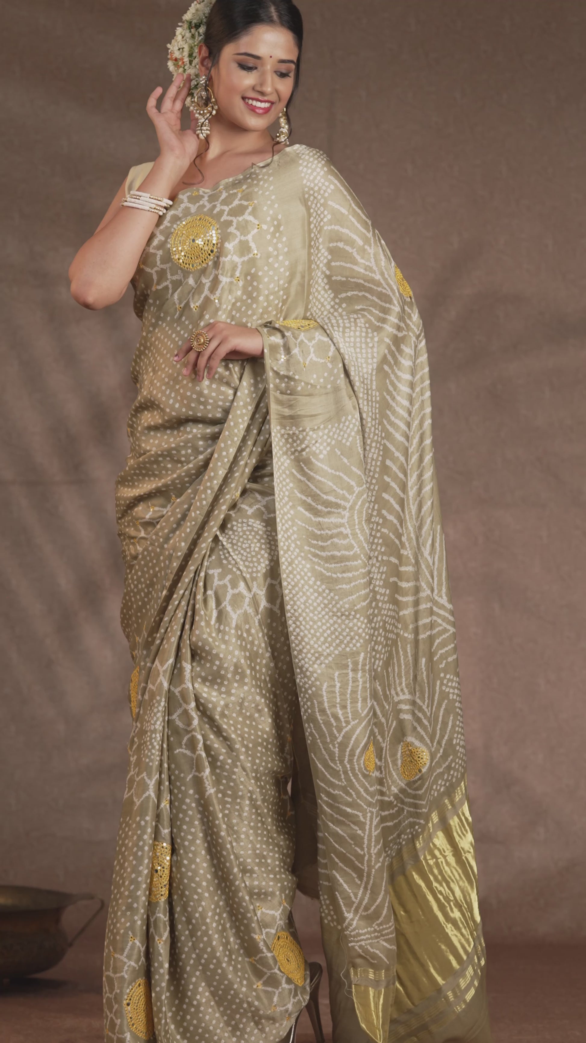 Mehandi Green Colour Gaji Silk Saree With Bandhini &  Zero Mirror Work All Over Code : VB0355