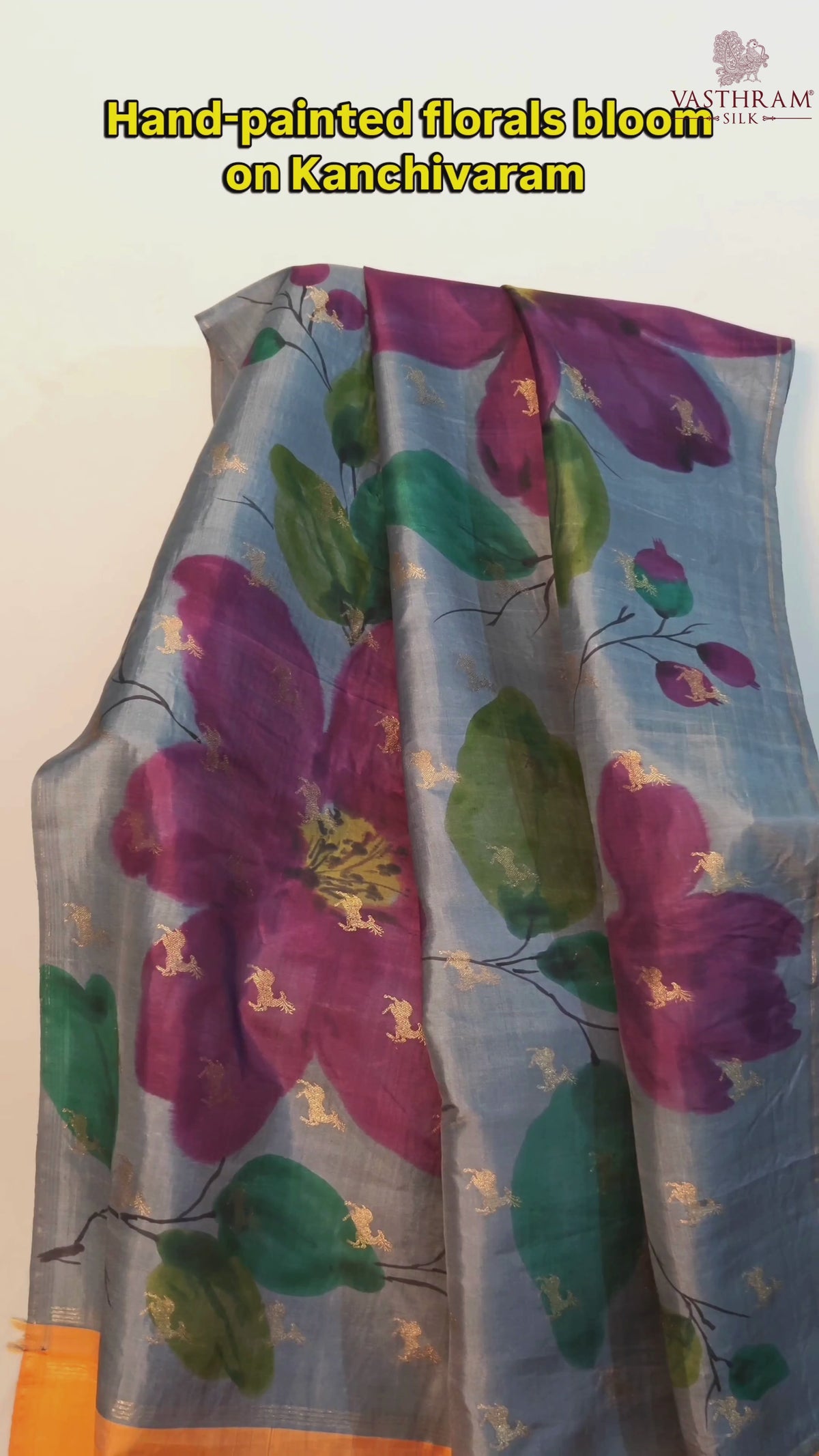 Grey colour pure zari kanchivaram silk saree with hand paint & deer zari motif all over