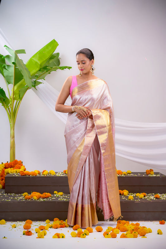 Light baby pink colour tissue kanchivaram brocade silk