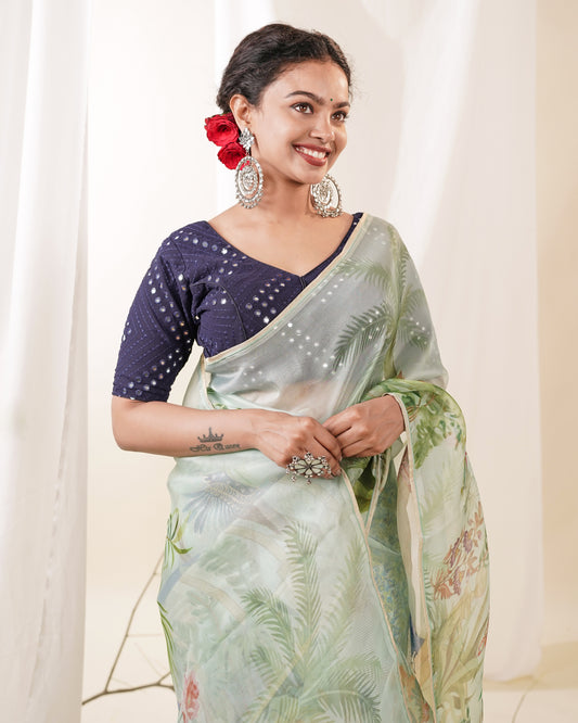 Sea Blue Colour Organza Saree With Digital Print