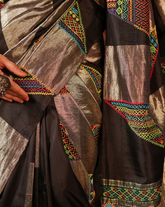 Black Colour Kanchivaram Silk Saree With Lambani Hand Embroider Work All Over