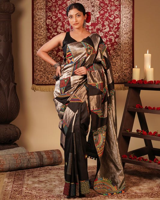 Black Colour Kanchivaram Silk Saree With Lambani Hand Embroider Work All Over